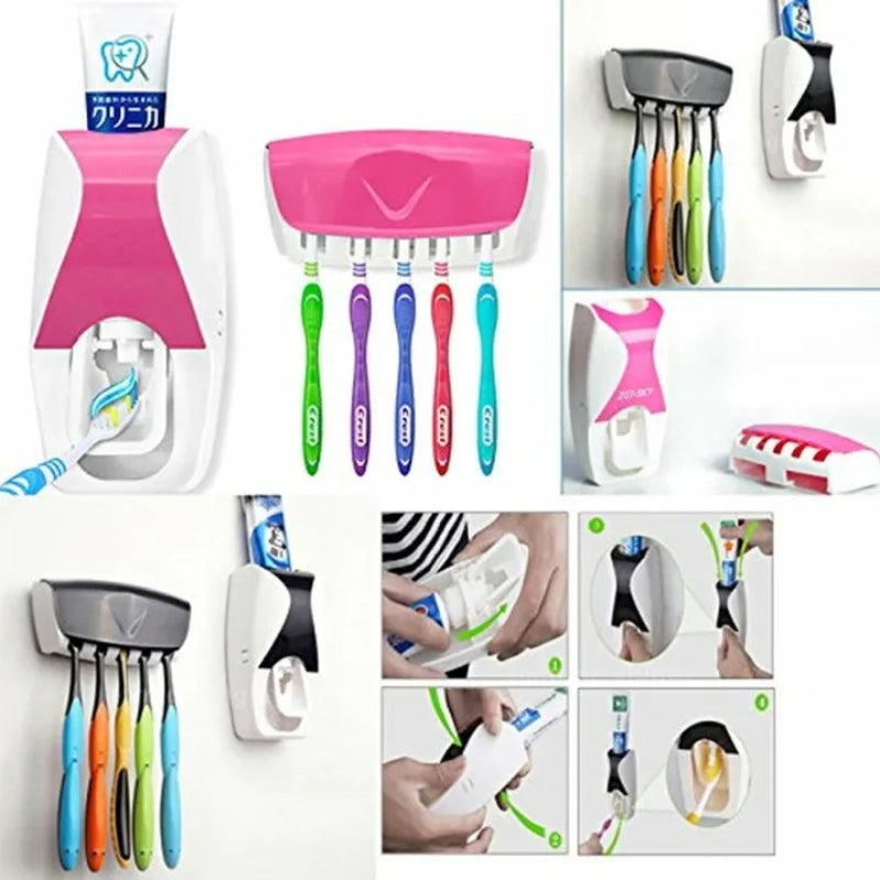 Automatic Toothpaste Dispenser Set with Wall-Mounted Toothbrush Holder | Random Colors