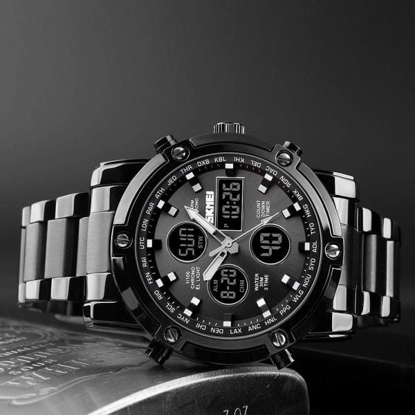 Skemie 1389 Men’s Digital Analog Watch Waterproof Digital Chronograph Led Multi-time Business Watch Stainless Steel (without Box)